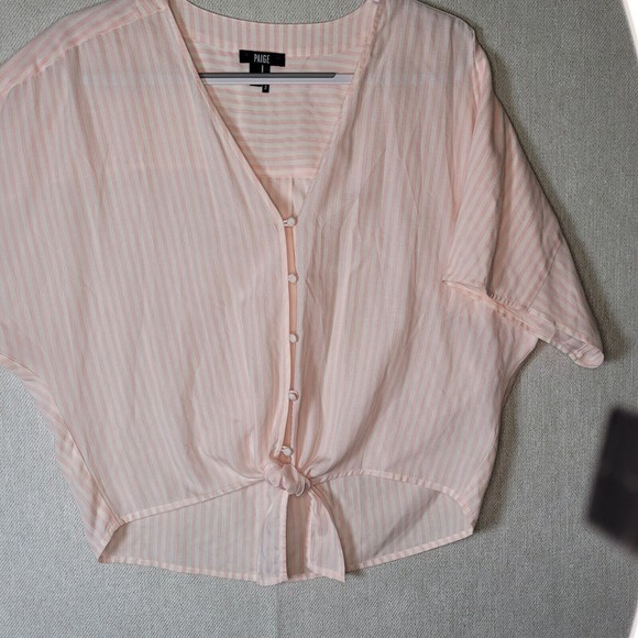 PAIGE Tops - PAIGE Batwing Sleeve Tie Hem Button Shirt  Womens  Medium Pink White Striped